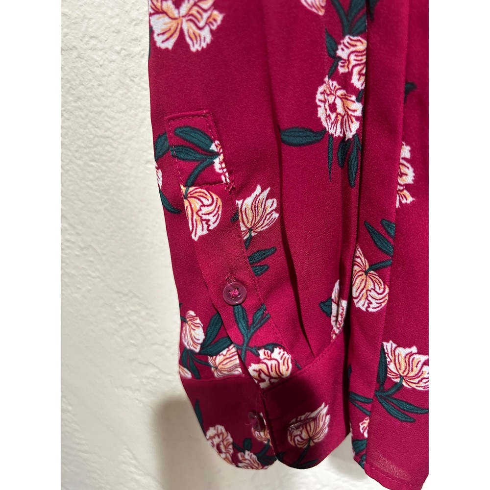 Banana Republic Womens MP Classic Fit Floral Button Up Blouse Berry Red Long Slv - Picture 8 of 9